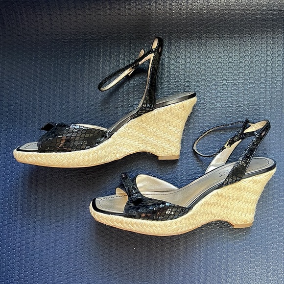 Franco Sarto Black Croc Espadrille Bow Wedge Sandals | Size 8.5 - Picture 4 of 11